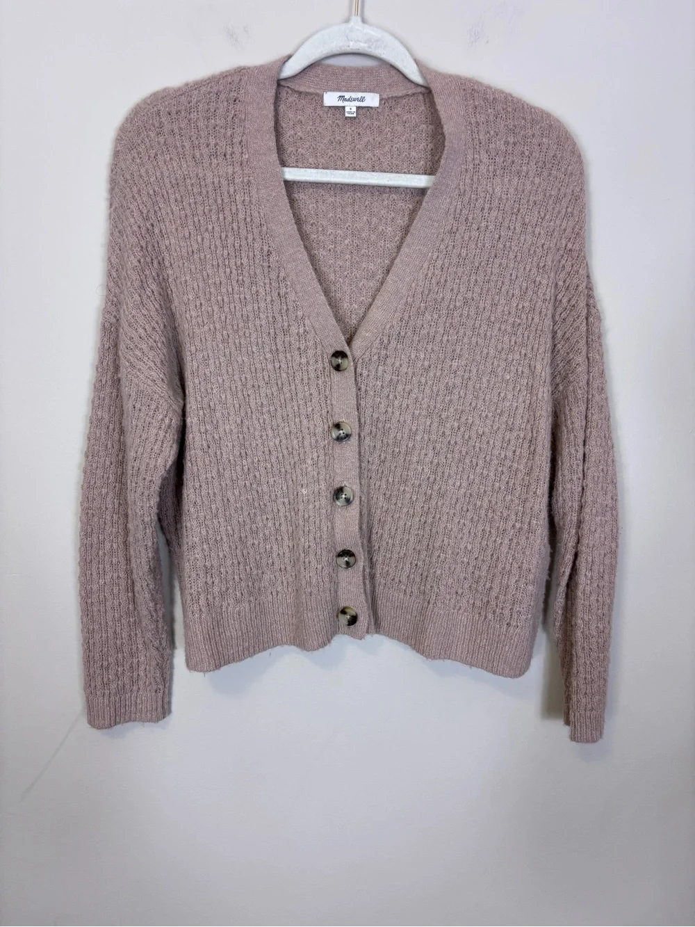 Madewell Textured V-Neck Button Front Cardigan Sweater Light Brown/Blush Small